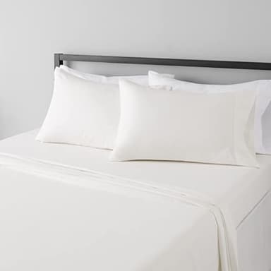 Amazon Basics Lightweight Super Soft, Wrinkle-Free, Breathable Microfiber 4 Piece Bed Sheet Set with 14-Inch Deep Pockets, Queen, Cream, Solid