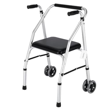 FUSHIDE Standard Walker,Aluminum Folding Lightweight Walkers with Seat Support up to 300lbs,Adjustable Height with 5-inches, 2-Wheels Narrow Walkers for Seniors&Handicapped,Black,YMX8236XC