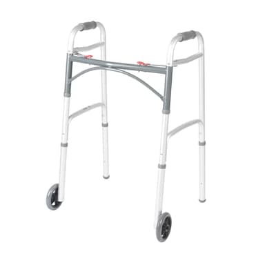 Drive Medical Two-Button Folding Walker w/ Wheels - Lightweight Rolling Mobility Support - Adjustable Height - Dual Push-Button Operation - 5 Inch Front Wheels - Durable Aluminum - Silver