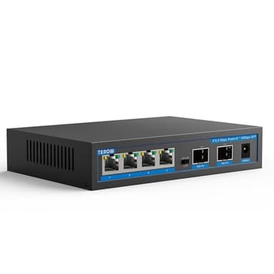 4-Port 2.5G Ethernet Switch with 2 x 10G SFP+ Uplink – TEROW VLAN Supported Network Switch, Compatible with Gigabit/2.5GbE/10GbE for Home Office, NAS, Gaming & Access Points