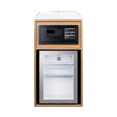 Summit 21" Coffee Station with Minibar & Hotel Room Safe, 1.2 cu.ft. Refrigeration Capacity, Hospitality Cabinet, Light Oak, Black, Stainless Steel - QCSSF2OAK