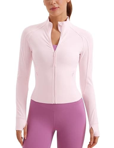 CRZ YOGA Butterluxe Waist Length Jackets for Women - Full Zip Athletic Track Tops with Thumb Holes Pockets Strawberry Pink Medium