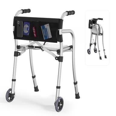 Narrow Walkers for Seniors with Seat, Lightweight Folding Space Saver Mobility Rolling Walker,Height Adjustable Standard Walker with Aluminum Frame, 5-inch Wheels, Compact Travel Walker (Silver)