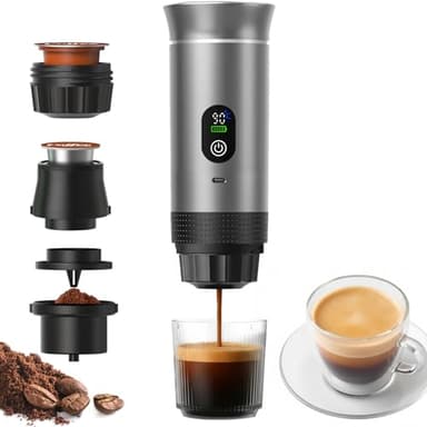Portable 3-in-1 Espresso Coffee Maker, Self-Heating & Rechargeable with Smart Display — Works with Ground Coffee, Small & Large Capsules; Travel & Camping Mini Machine, 20-Bar Extraction, 80 ml Cup