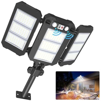 Solar Flood Lights Outdoor, 7000 LM Super Bright Aluminum Arm Solar Lights, 3 Heads Dusk to Dawn LED Dual Motion Sensor Lights, IP65 Waterproof Security Light with 3 Modes for Yard Street Barn