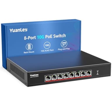 YuanLey 8 Port 10G PoE Switch Unmanaged, 8 x 10G Base-T PoE Ports, IEEE802.3af/at, 110W Built-in Power, Compatible with 1G/2.5G/5G/10G, Metal Case, Rackmount/Wall Mount 10Gbe Network Switch