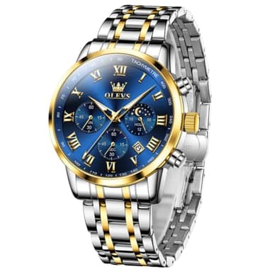 OLEVS Watches for Men Big Face Two Tone Stainless Steel Band Analog Mens Chronograph Watch Blue Dial Classic Roman Numerals Male Watch with Date Nice Glow in The Dark Water Resistant Men's Wristwatch