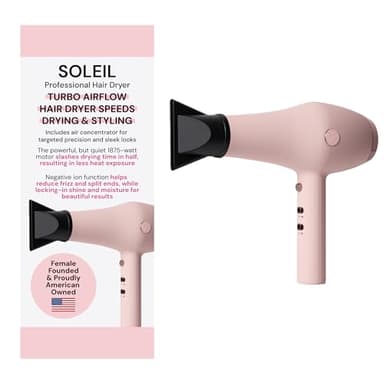 L’Ange Hair Soleil Professional Hair Dryer | Fast Drying Ionic Blow Dryer for Frizz-Free Results | 3 Heat Settings with Cool Shot Feature | Lightweight Hairdryer with Concentrator 1875W | Blush