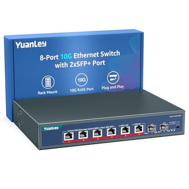 YuanLey 8-Port 10G Ethernet Switch, 6 x 10Gbps RJ45 Ports, 2X 10Gbe SFP+ Ports, Support 10G/5G/2.5G/1G/100Mbps Speed Auto-Negotiation, 160Gbps Switching Capacity, Unmanaged Switch Rackmountable