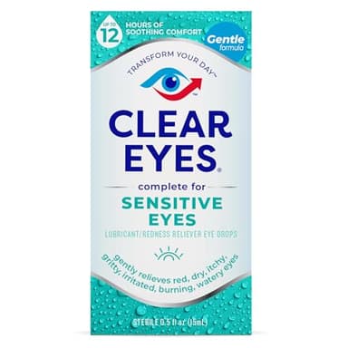 Clear Eyes Sensitive Eyes Eye Drops – Gentle Relief for Red, Itchy, Dry Eyes, 12 Hours of Soothing Comfort, 0.5 Fl Oz