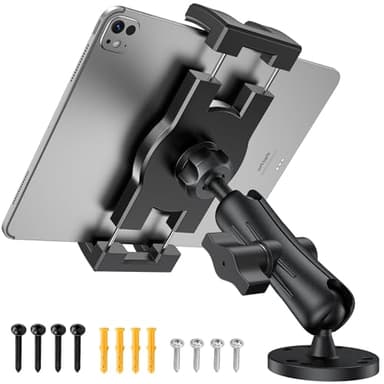 TeQable Industrial Tablet Mount for Truck&Vehicle, Heavy Duty Drill Base iPad Mount Holder for Car, Adjustable Aluminum Arm, Compatible w/ 4.7"-12.9" Devices, Perfect for Dashboard, Boats, Walls–Black