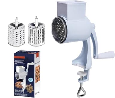 Partslety Manual Nut Chopper Grinder, Rotary Cheese Grater Hand Crank Cheese Shredder Multifunctional Dried Fruit Crusher Peanut Masher Grinding Device for All Nuts Walnut Pecan Double Sword White