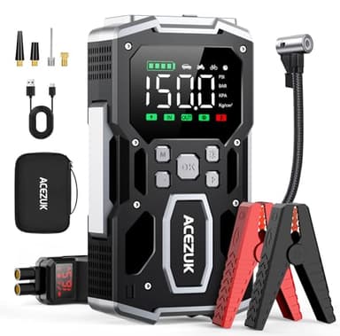 Portable Car Jump Starter with Air Compressor, ACEZUK 150PSI 8000A Jump Starter (All Gas/10.0L Diesel), 12V Battery Jump Box Car Battery Jumper Starter with 3.4" LCD Display, 2 Lights