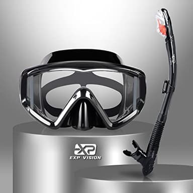 Snorkel Set Pano 3 Window Adult Snorkeling Gear, Professional Snorkel Goggles Anti-Fog Diving Mask, Anti-Leak Swim Goggles and Dry Top Snorkel for Diving, Snorkeling, Swimming (Black)
