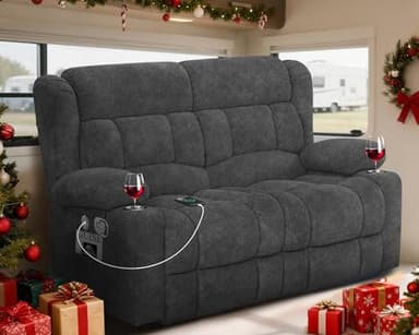 MisUMis RV Loveseat Recliner Sofa, Wall Hugger Reclining Loveseat RV Couch with USB Ports, Cup Holders, Pockets, 150° Adjustable RV Furniture Velvet Fabric Recliners for Travel & Home Theater Seating