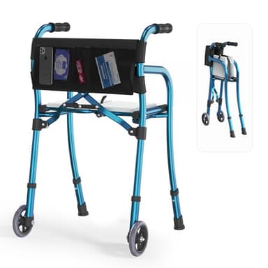 Narrow Walkers for Seniors with Seat, Lightweight Folding Space Saver Mobility Rolling Walker,Height Adjustable Standard Walker with Aluminum Frame, 5-inch Wheels, Compact Travel Walker (Blue)