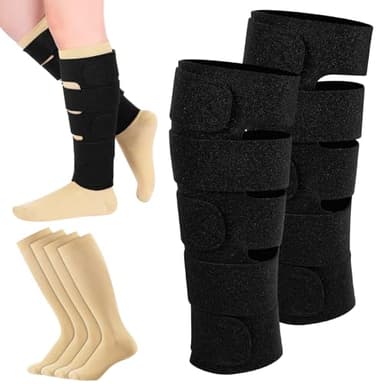 Floraltop 3 Pair Lymphedema Compression Leg Wrap with Calf Compression Sock 20-30 Mmhg Lymphedema Product Adjustable Brace Medical Shin Splint Wrap with Stocking for Heaviness Fatigue(Classic Colors)