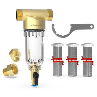 MewMore WHC40 Sediment Filter, 40 & 100 & 200 Micron Reusable Spin Down Sediment Water Filter, Whole House Water Filter for Well Water, Home Pre-filtration System, 1" MNPT + 3/4" FNPT + 3/4"MNPT