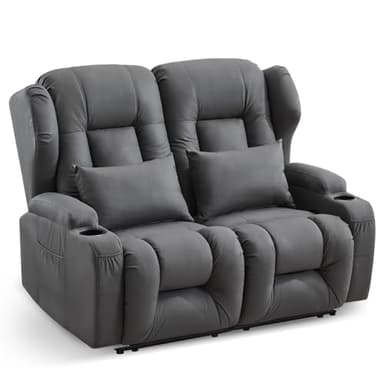 Loveseat Recliner Sofa,RV Couch 6'' Wall Hugger Recliners for Small Spaces,Fabric Reclining Loveseat Sofa Recliner with Cup Holders/Lumbar Pillows,RV Furniture (Gray, Loveseat)