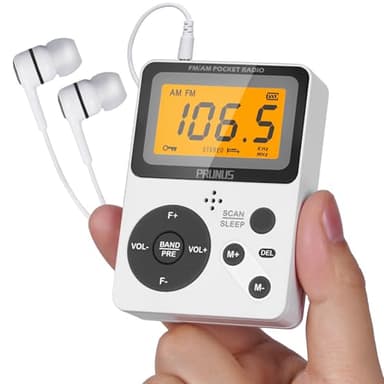 PRUNUS J-159 Pocket AM FM Radio Portable with Stereo Earphone, Gifts for Dad and Mom, Battery Operated Radio by 2 AAA,Manual Preset,Lock Key Radios,Sleep Timer,Mini Radios,Digital(No Speaker)