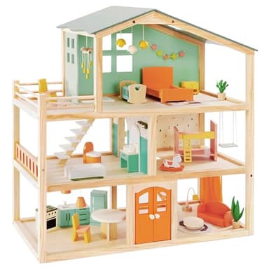Giant bean Large Wooden Dollhouse with 32 Pcs Furniture Accessories, 3-Story Doll House 5 Rooms Balcony Wooden Stairs, Ideal Dollhouse Toy for Kids Ages 3+, 30" H x 28" L x 13" W
