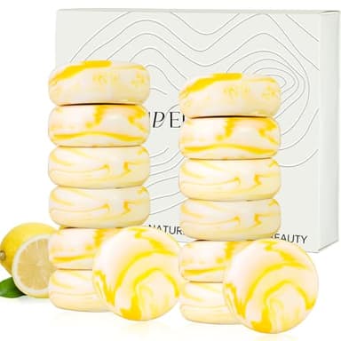 Umpeimvon 14 Pack 25 g Travel Size Soap Mini Bar Soap Bulk, 4-In-1 Cold Pressed Lemon Travel Hand Soap with Shea Butter for Hotel, Traveling, Camping, Eco Friendly, No Residue, 0.88 oz