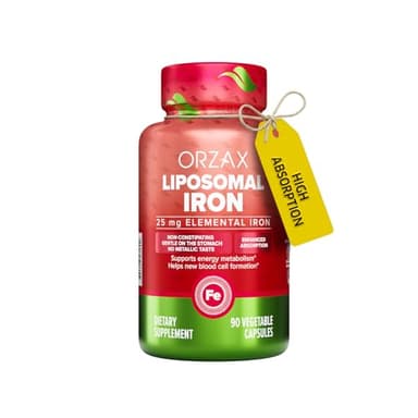 ORZAX Iron Supplement 25 mg -Liposomal Technology- High Bioavailability 90 Vegetable Capsules, Helps New Blood Cell Production, Non-Constipating, Non-GMO & Gluten Free, for Women, Men, Adults