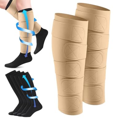 Floraltop 3 Pair Lymphedema Compression Leg Wrap with Calf Compression Sock 20-30 Mmhg Lymphedema Product Adjustable Brace Medical Shin Splint Wrap with Stocking for Heaviness Fatigue(Nude and Black)