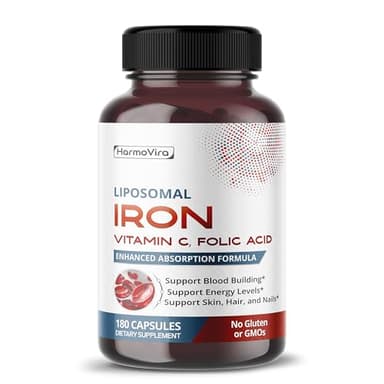 HarmoVira Liposomal Iron with Vitamin C, Folic Acid, B12, B6, B1 – Support Energy & Red Blood Cell Formation – Gentle Formula – 180 Capsules – Non-GMO, Gluten-Free