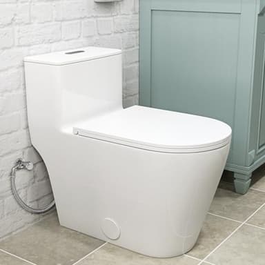 Compact One-Piece Elongated Toilet Dual Flush 1.1/1.6 GPF Siphon Flushing, 12 inch Rough-In, 16-1/8 inches Comfort Standard Height, Quiet Soft-Close Seat, Fully Skirted Easy-Clean Design (White)