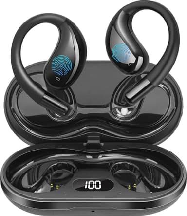 Psadhi Open Ear Clip Wireless Earbuds Bone Conduction Headphones, Bluetooth 5.4, Open Ear Design for Running Fitness,Office,Built-in Mic, IPX7 Waterproof, LED Display Charging Case,Ear Hooks Black