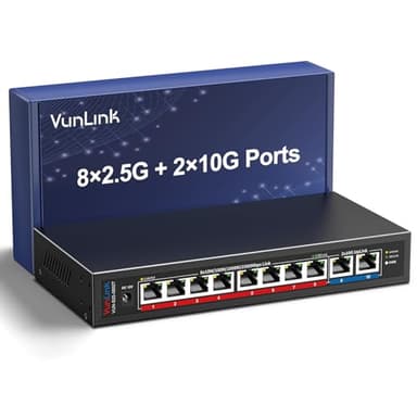 10Gb Ethernet Switch with 8 x 2.5GbE RJ45 + 2 x 10GbE RJ45 Ports, VunLink 10 Port Unmanaged 2.5G/10G Multi-Gigabit Network Switch, Plug & Play, Desktop/Wall-Mount, Ideal for NAS, Gaming, Home Office