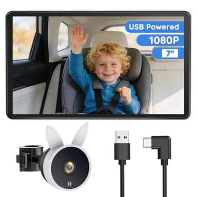 Babyvue BV4 Baby Car Camera 7",1080P IPS Display,Auto IR Night Vision,USB Powered Plug & Play Rear Seat Baby Monitor,Adjustable Brightness,Must Haves for New Parents & Pets Lover