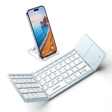 Samsers Foldable Bluetooth Keyboard with Touchpad - Portable Wireless Keyboard with Holder, Rechargeable Full Size Ultra Slim Pocket Folding Keyboards for Android Windows iOS Tablet & Laptop - Blue