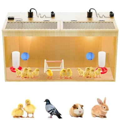 QVVCOOP Brooder Box for Chicks, 32 Inch Large Wooden Chicken Brooder Box with 75W Heat Lamps, Thermometer, Chicken Feeder & Waterer Set, Tin Foil, Ideal for 12-15 Newborn Chicks Ducks Quails, Large
