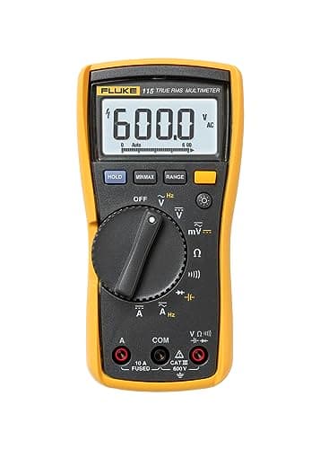 Fluke 115 Digital Multimeter, Measures AC/DC Voltage to 600 V and Current to 10 A, Resistance, Continuity, Frequency and Capacitance Testing, Includes Battery, Holster and 4 mm PVC-Insulated Test Leads