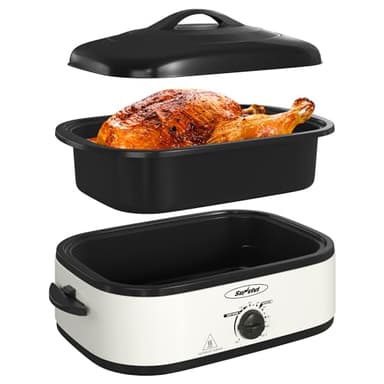 SUNVIVIPRO Electric Roaster Oven with Self-Basting Lid, Turkey Roaster Oven with Removable Pan and Rack, Stainless Steel, White, 14QT