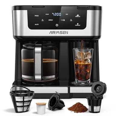 AIRMSEN 12-Cup Programmable Dual Coffee Maker – Single Serve Machine for K-Cup Pods & Ground, 1000W Fast Brew, Delay Start, 2H Keep Warm, Touchscreen, 60oz Tank, Glass Carafe – Home & Office