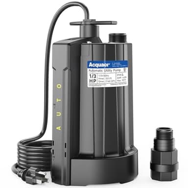 Acquaer 1/3 HP Automatic Submersible Water Pump, 115V Sump Pump with 3/4” Garden Hose Adapter, 2160 GPH High Flow Water Removal for Swimming Pool Cover Hot Tubs Flooded House Basement, Black
