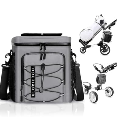 Golf Cart Cooler Bag Insulated - 12-Can Leakproof Soft Cooler Bag with Hook-and-Loop Lid, Waterproof Zippers, and Multi-Pockets for Golf Accessories; Fits on Golf Push Cart