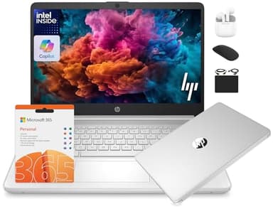 HP 14 Laptop Student Business 2025 Flagship Computer, AI Copilot, 4-Core 13th Gen Intel CPU, 16GB RAM 628GB Storage (128GB UFS+500GB Ext), 1-Yr Office 365, Long Battery HubxcelAccessory Win 11S Silver