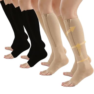 4 Pairs Zipper Compression Socks Women & Men, 15-20 Mmhg Compression Socks with Zipper, Medical Compression Socks with Zipper, Toeless Lining for Varicose Veins, Edema, Recover (Black/Beige Open Toe, Small-Medium)