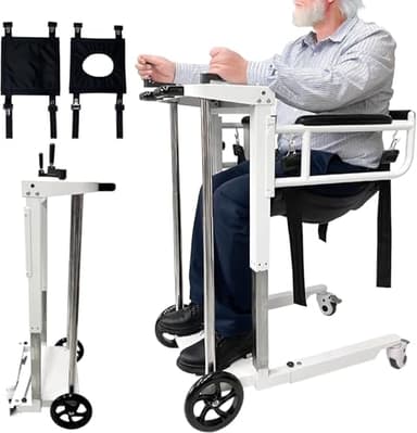 Portable Folding Patient Lift Transfer Chair for Home Use, Self-Operated Mobility Aid for Seniors, Bathroom Wheelchair with Adjustable Height, No Caregiver Needed