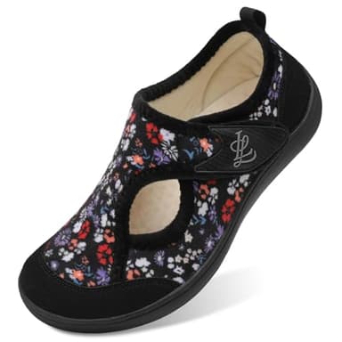 LeIsfIt Womens Diabetic Shoes Wide House Shoes Adjustable Arthritis Edema House Slippers Indoor Outdoor Black Flower Size 9.5