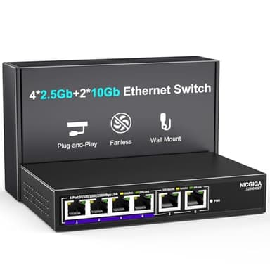 10Gbe Ethernet Switch Unmanaged with 2 x 10Gb RJ45 Ports ➕ 4 x 2.5Gb Base-T Ports, Desktop/Wall Mount NICGIGA 6 Port 10Gbps Network Switch for Wireless AP, NAS, PC