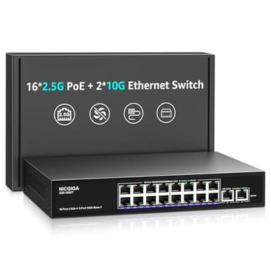 10Gbe Ethernet Switch Unmanaged with 2 x 10Gb RJ45 Ports + 16 x 2.5Gb Base-T Ports, Desktop/19-inch Rack Mount, NICGIGA 18 Port 10Gbps Network Switch for Wireless AP, NAS, PC