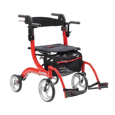 Drive Medical Nitro Duet Dual Function Foldable Rollator Walker & Transport Wheelchair for Seniors & Adults - Hand Activated Brakes & Back Support - Large Front Wheels - Red