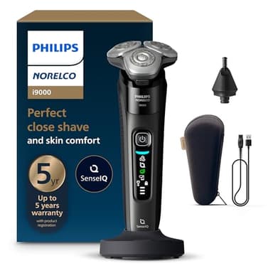 Philips Norelco Shaver i9000, Wet & Dry Electric Shaver, Ink Black, SenseIQ Technology, Triple Lift & Cut System, 360 Rotating Dual SteelPrecision Precision Blades, Nose Trimmer, Model X9000/90