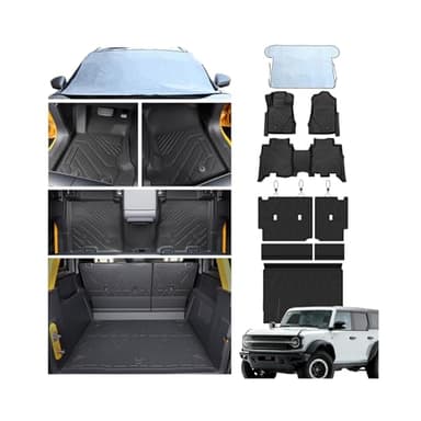 Runine Floor Mats for Ford Bronco 4-Door 2021-2023 2024 2025 (Not for 2 Door&Sport), All Weather Protection Custom Floor Mats Trunk Cargo and Car Windshield Cover for Car Accessories,Car Floor Liners
