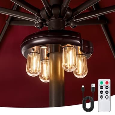 OPOIRA Patio Umbrella Light with Remote Control, Rechargeable Cordless LED Edison Bulbs Pole Light with 10 Brightness Levels for Garden, Patio, Backyard, Camping or BBQ - Brown (1 Pack)
